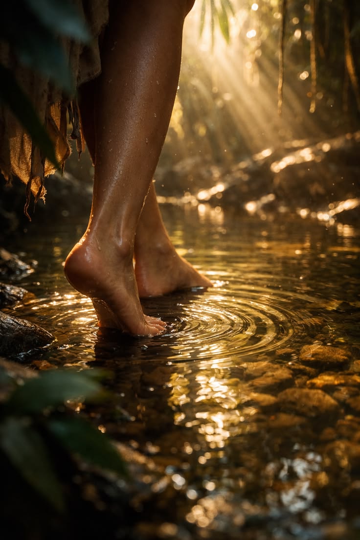 Ritual de agua dorada en el bosque, símbolo del camino interior